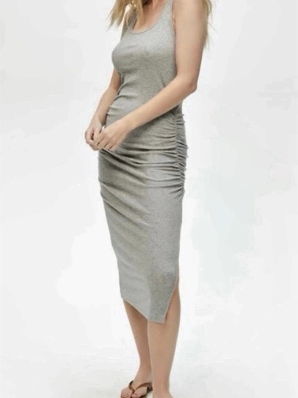 Michael Stars Serena Dress Ruched Midi Gray Large